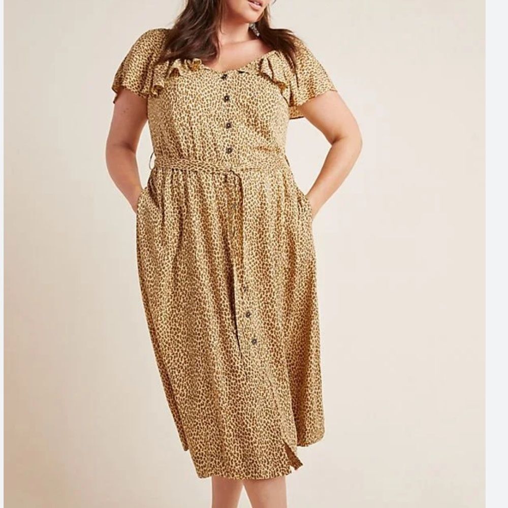 ANTHROPOLOGIE BOLONO CHEETAH PRINT BUTTON UP RUFFLE BELTED‎ DRESS size 16W NWOT